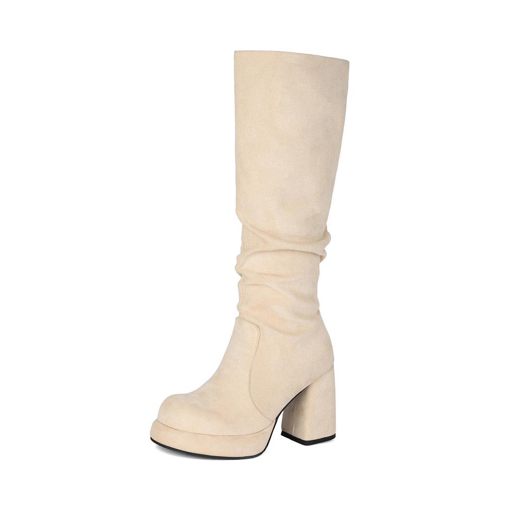 Stivali Alti da Donna in Camoscio con Tacco Chunky e Punta Tonda - Piattaforma Impermeabile Pieghettata Autunno/Inverno.