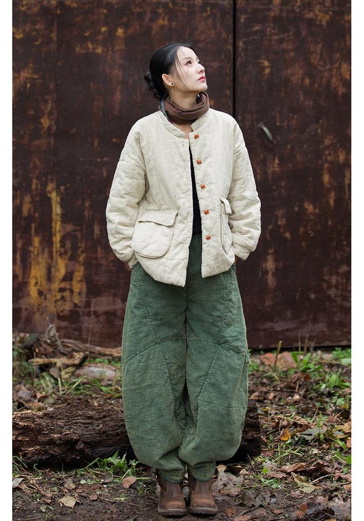 2025 Winter Women's Quilted Ramie Jacket with Frog Button and Stand Collar