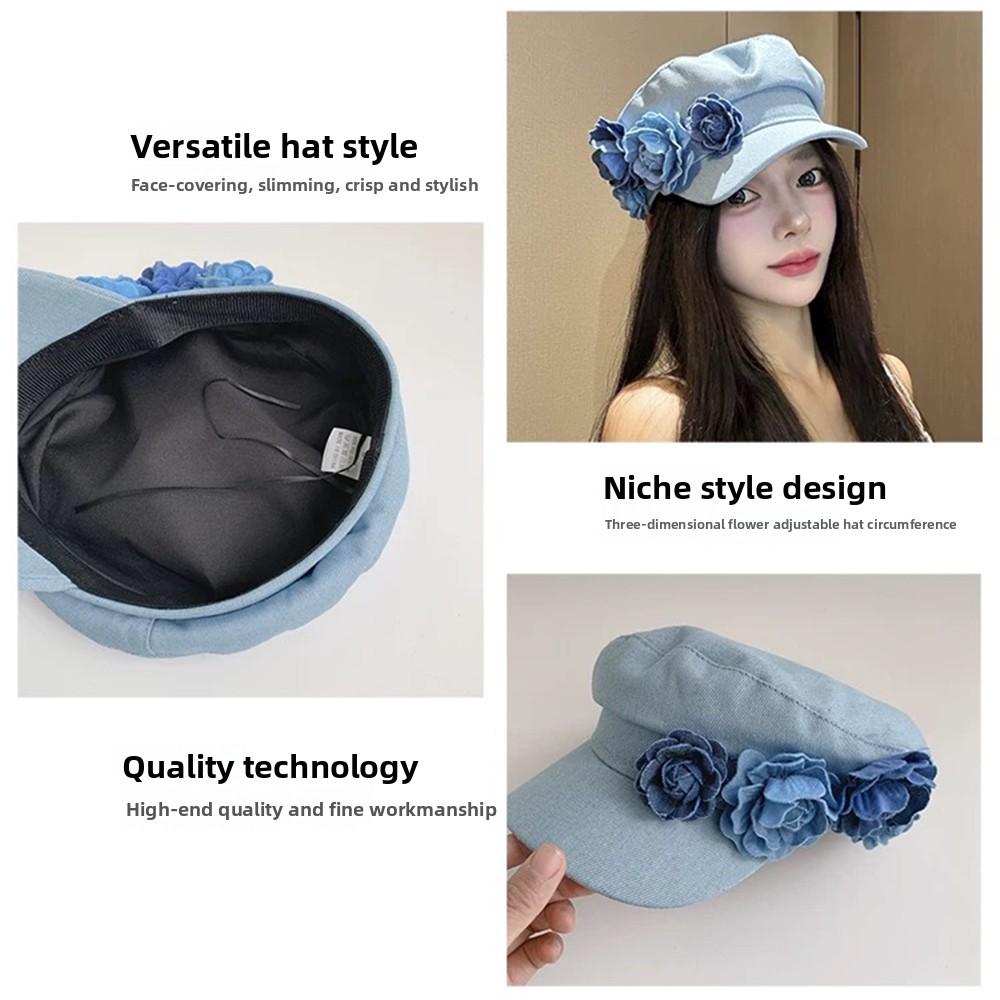 Adjustable Flower Flat Top Hat Artistic Painter Caps Trendy Denim Camellia Beret Hat  Travel