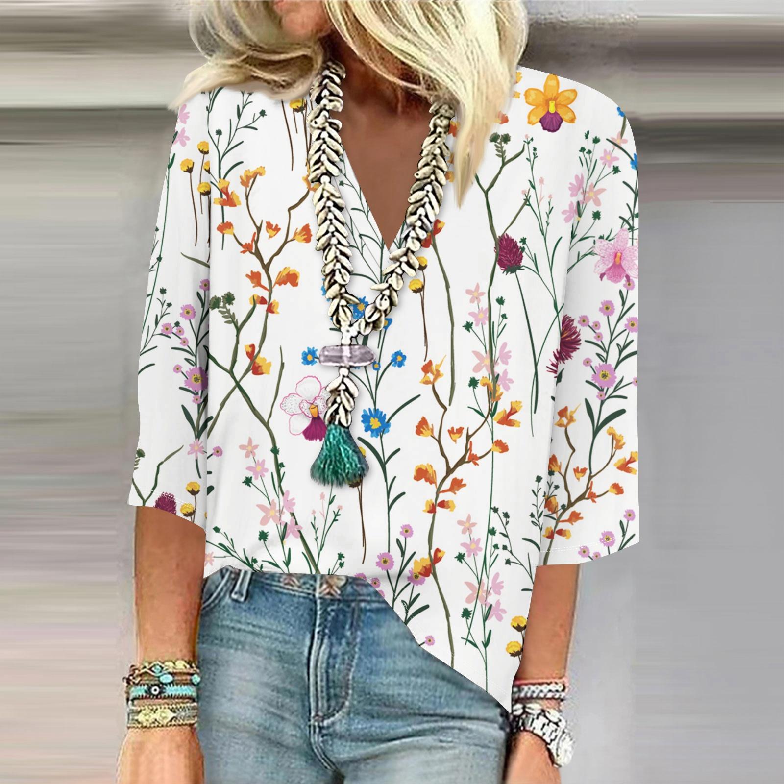 

Женская рубашка, блузка, повседневные свободные рубашки, рукава 3/4, топы с v-образным вырезом и принтом, топы с принтом, футболки, футболки S