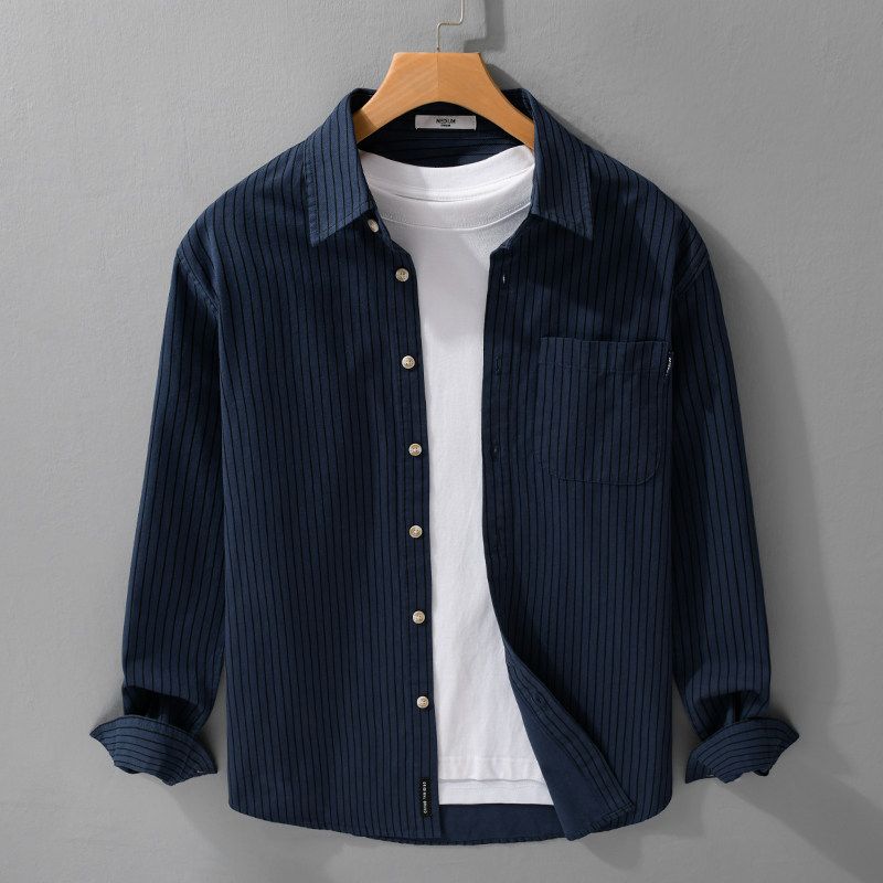 Spring and Autumn Japan fashion Print Vertical Stripes Long sleeve Shirts Men's Loose Casual Shirt Outerwear Cotton All-Matching New