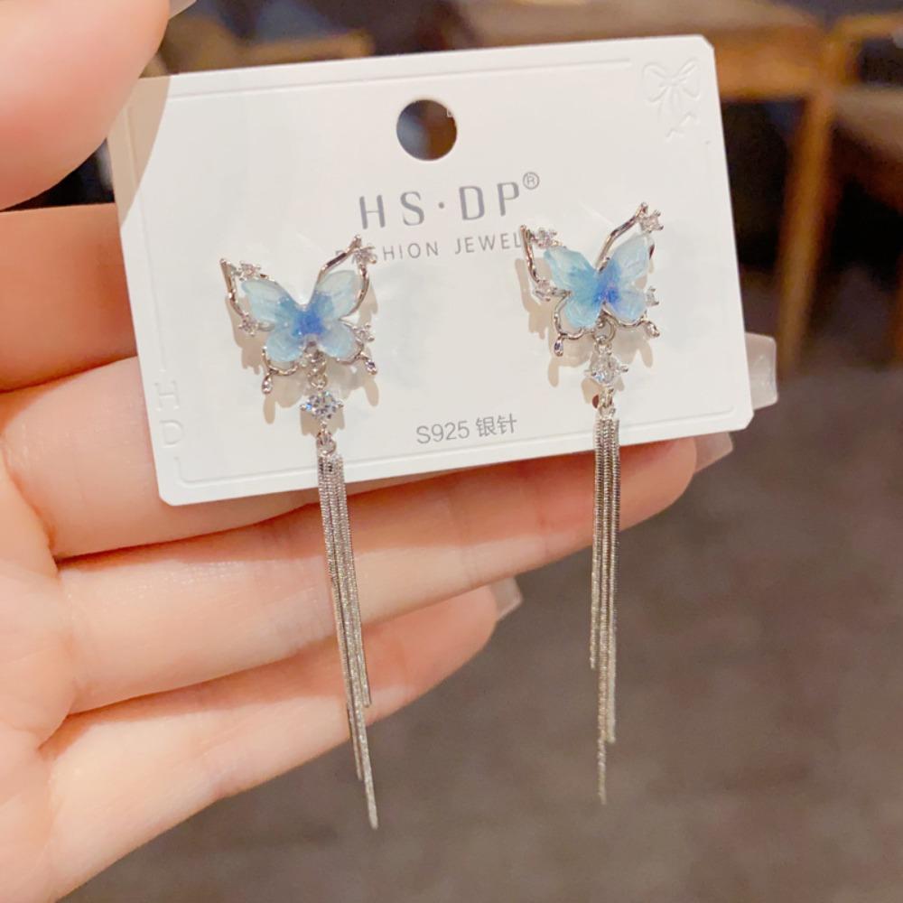 Dangle Butterfly Tassel Drop Earrings Shiny Zircon Stud Earrings Long Pendant Earrings  Party