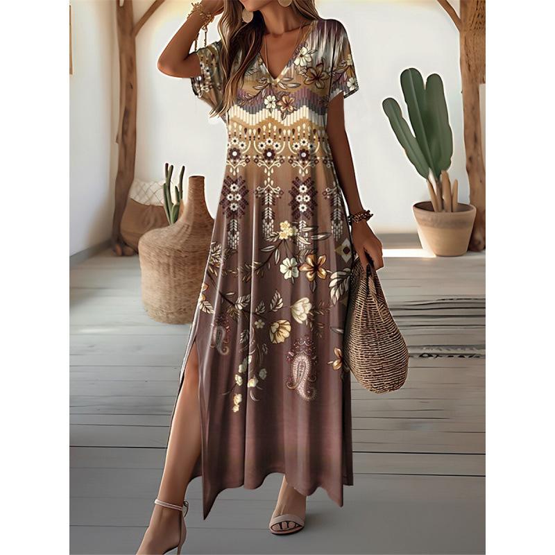 2026 new summer super long dress casual V-neck bohemian peacock print floral dress S