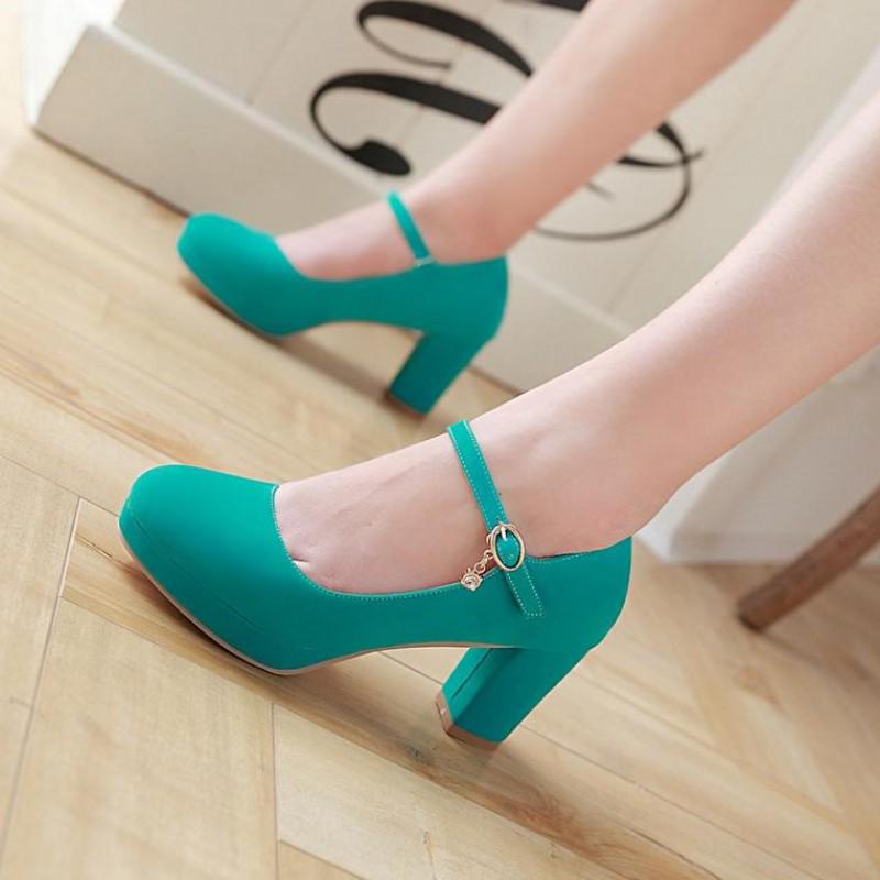 Buy Ladies Thick High Heel Platform Pumps Round Toe Office Shoes Women Buckle Party Shoes at