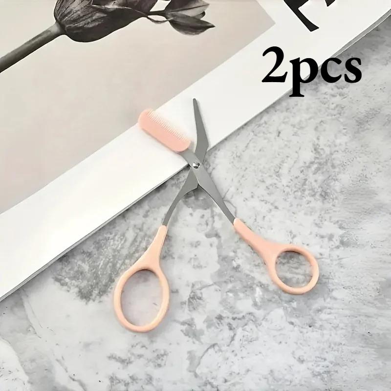 1/2pcs Pink Comb Eyebrow Scissors - Stainless Steel Beauty Tool, Left/Right Hand Use, Pro Home Grooming, Durable Metal Trimmer