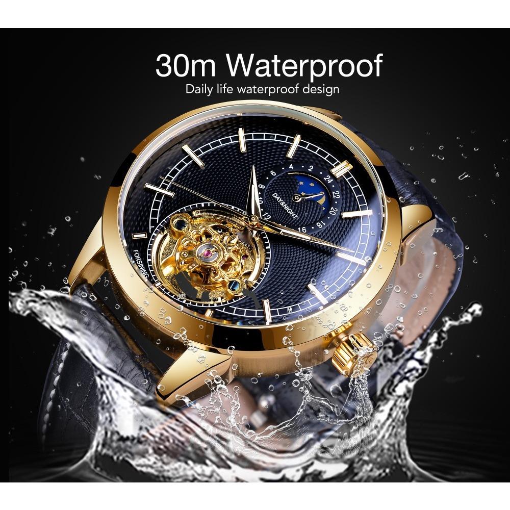 Forsining Men's Fashion Casual Hollow Moon Phase Carved Hollow Automatic Mechanical Watch GMT1177-2-A