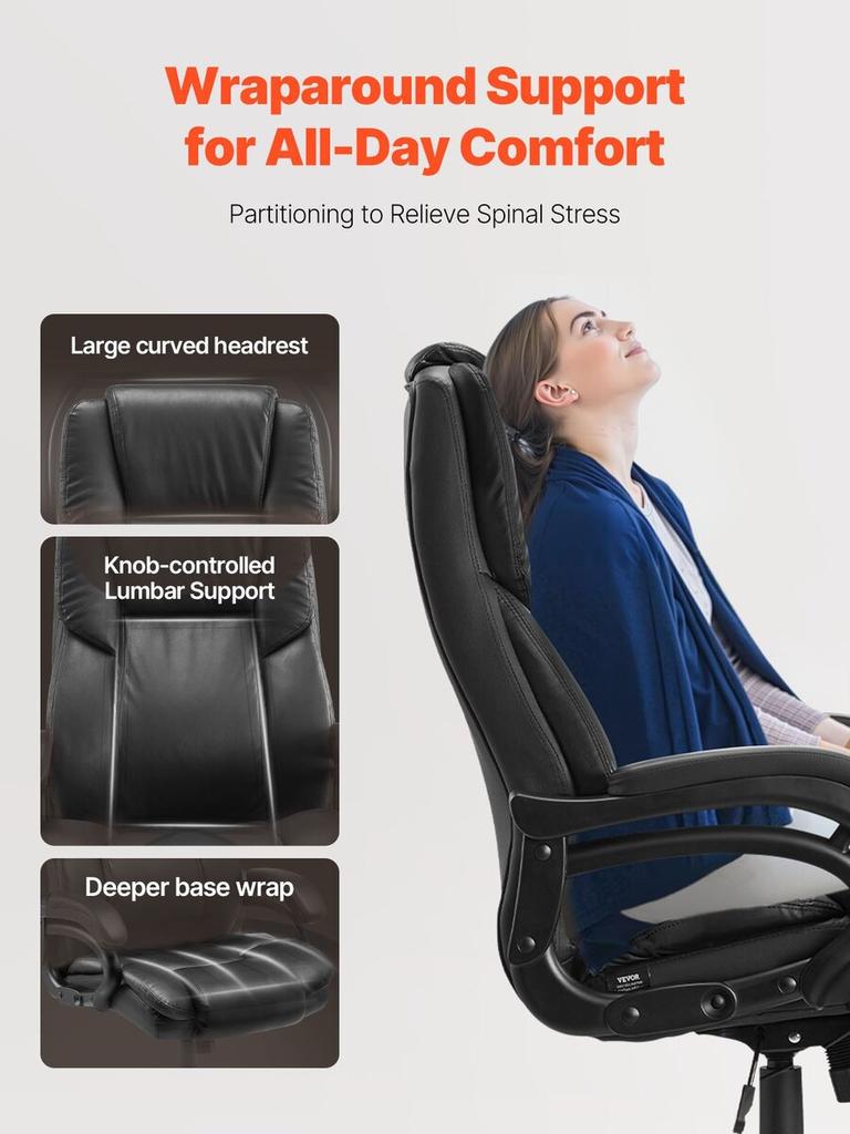 Executive Chair High Back Office Chair Knob-Control Lumbar Support Black