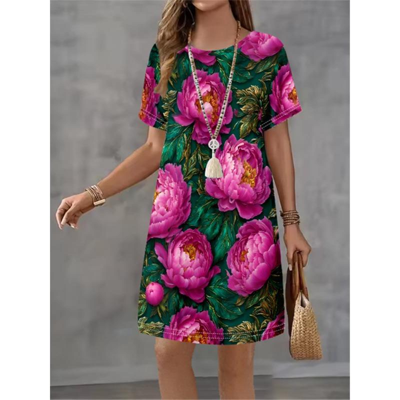 Women's Summer Flower Printed Short Sleeve Round Neck Dress 2025 Fashion New Style Design Sense Elegant Women's Mini Dress