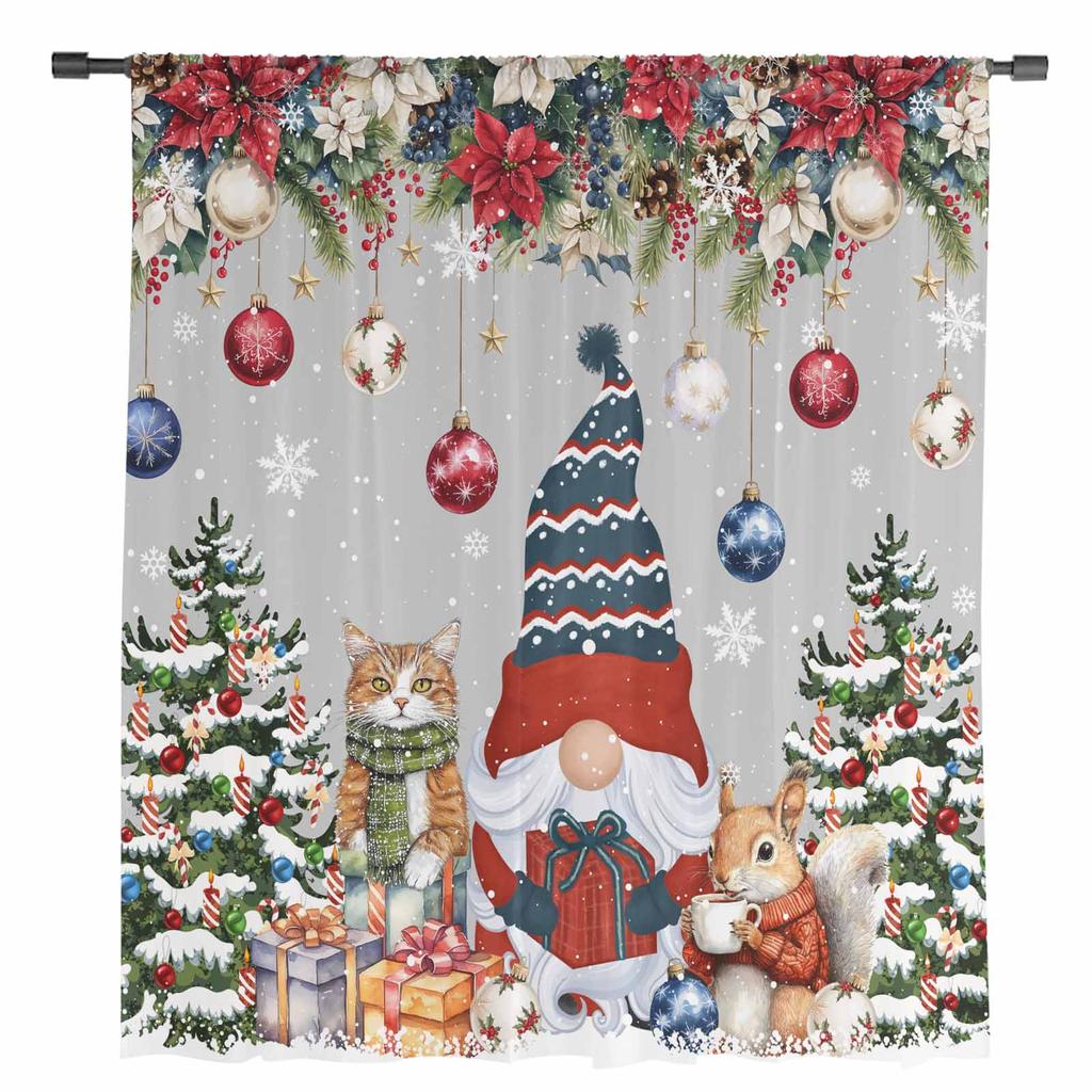 Dwarf Snowflake Christmas Tree Ball Gift Cat Squirrel Sheer Curtains Room Decoration Window Curtain Kitchen Tulle Voile Curtains