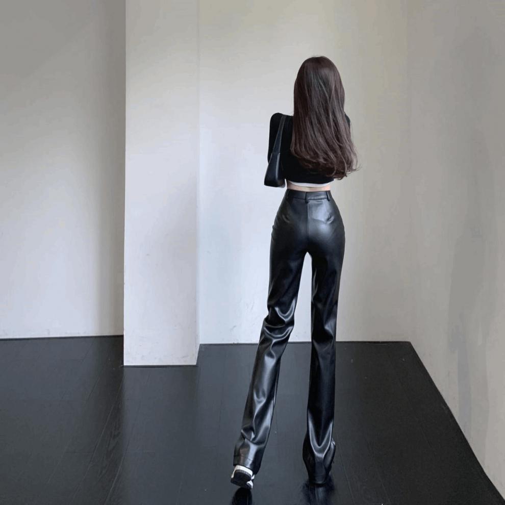 2023 Women's High-Waist Black Leather Wide-Leg Pants: Slim, Casual, and Drape-Effect Trousers