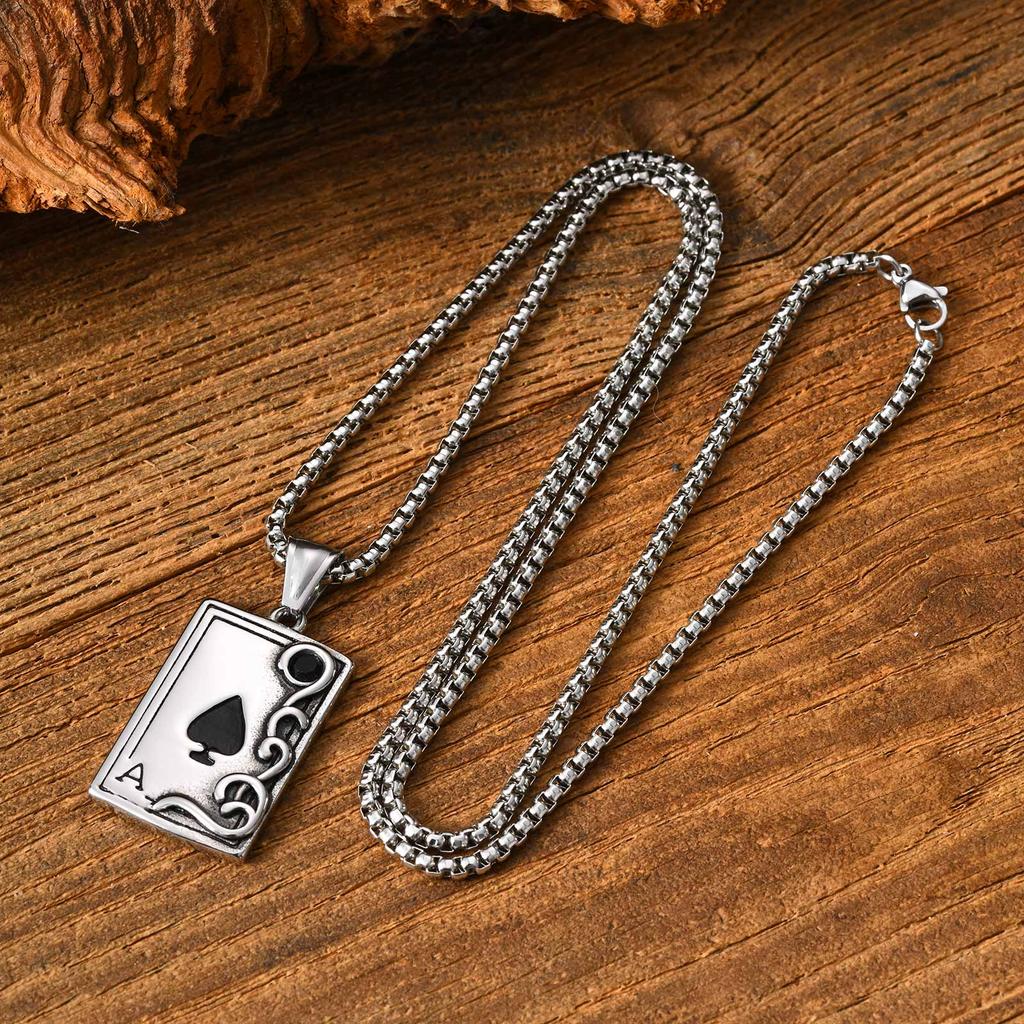 Vnox Gothic Spade A Pendant Necklace for Men, Gold Silver Color Stainless Steel Box Chain, Vintage Black Playing Card Jewelry