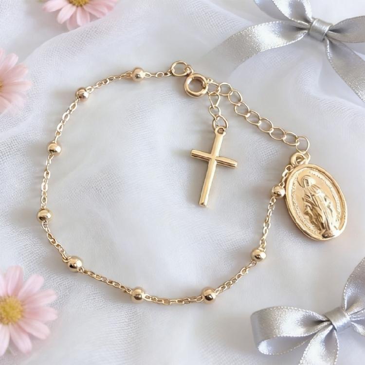 Bracciale Portatile con Croce e Perline della Vergine con Catena di Estensione da 5 cm