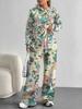 European, American Autumn and Winter Blue Flower Casual Long-sleeved Suit Women's Hooded Sweater Trousers Two-piece Set