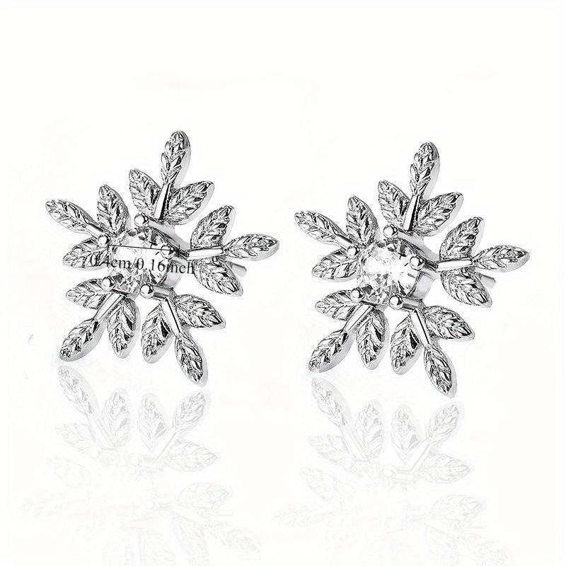 Silver Plated Leaf Snowflake CZ Stud Earrings, Sparkling Nature-Inspired Crystal Studs for Women