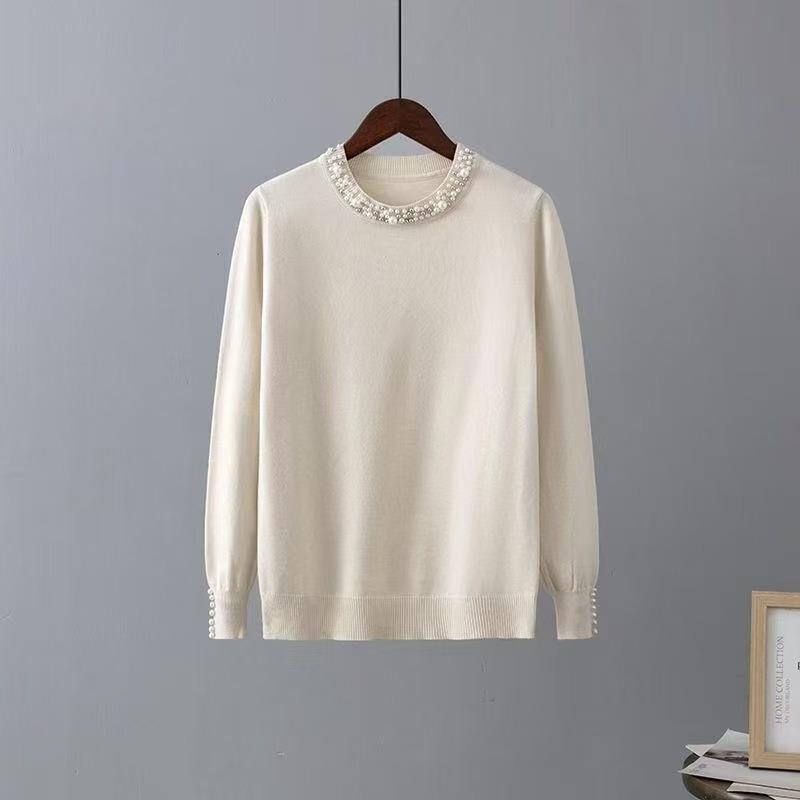 Spring and Autumn New Bead Crew Neck Knitted Sweater Slim-fit Versatile Bottom Sweater Top Women's