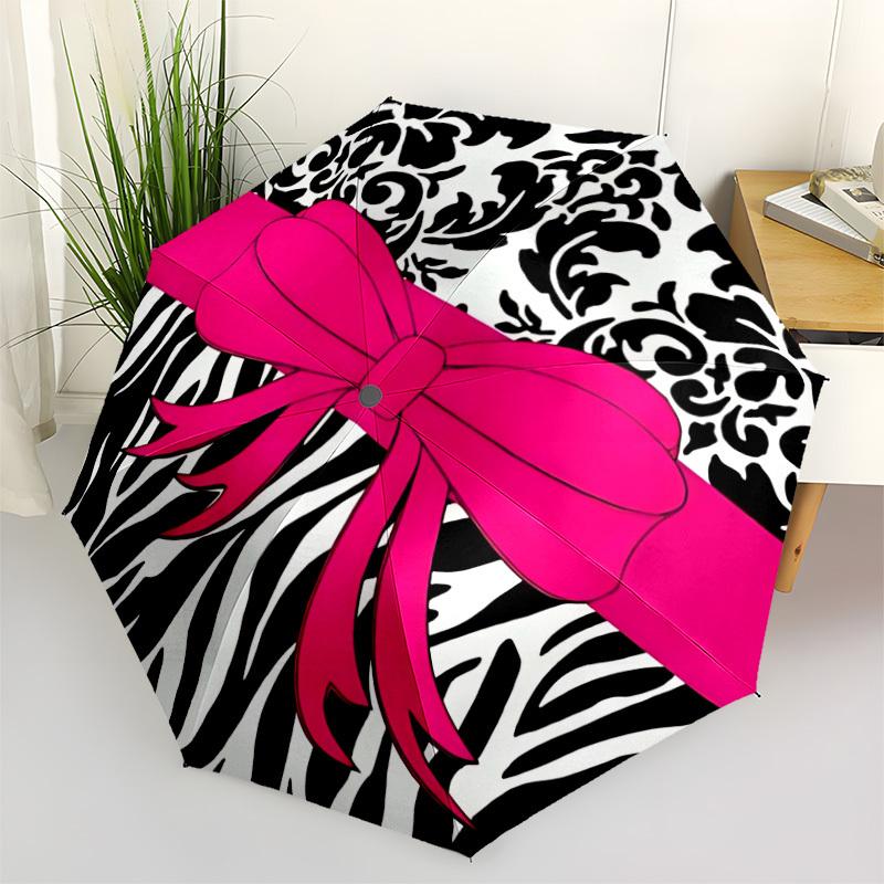 1pc Zebra Print Bow Automatic Folding Umbrella - Portable Collapsible Design, 8-Rib Iron Frame, Durable Fabric Yy251125009