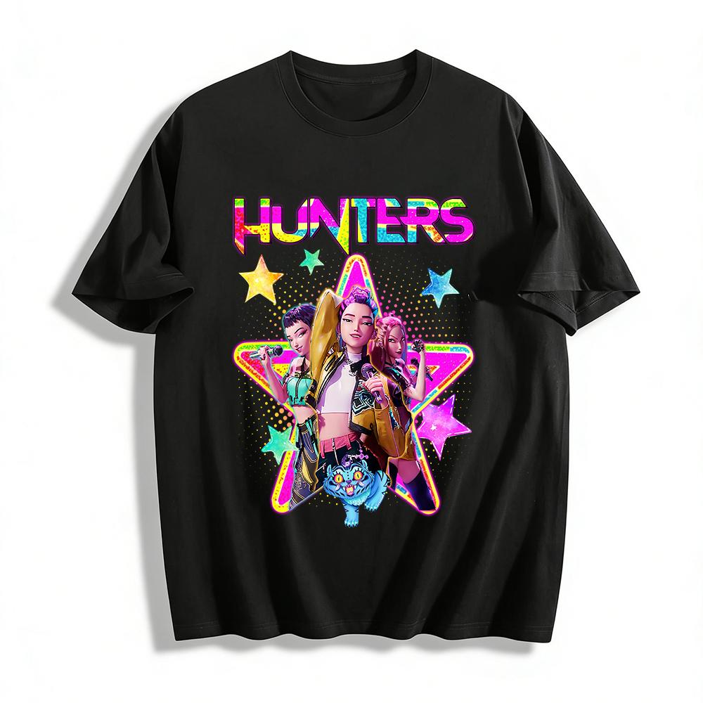 

HUNTERS Girl Group Graphic Tee Trendy Street Style Casual Loose Short Sleeve Top For Cool Girls Pure cotton T-shirt 6XL