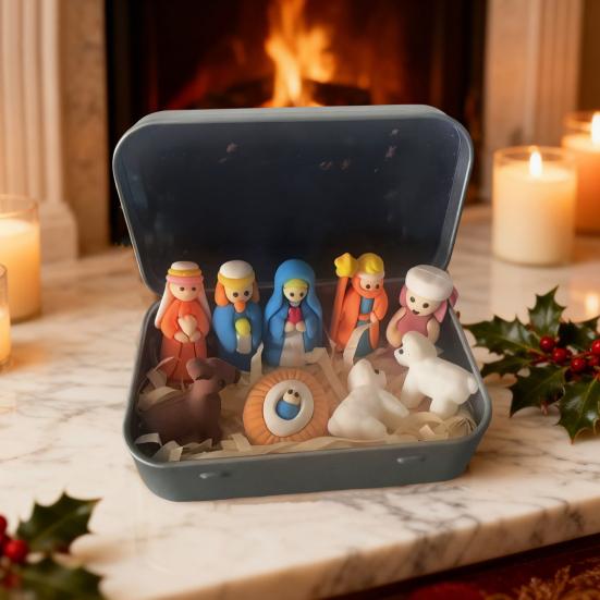 1/2/3Pcs Mini Nativity Scene Set In Tin Box Handcrafted Pocket Size Nativity Scene Tin Resin Birth of Jesus Ornament Christmas Decoration
