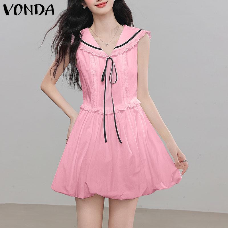 VONDA Women Naval Collar Sleeveless Crochet Hem Slim Waist Pleated Dress