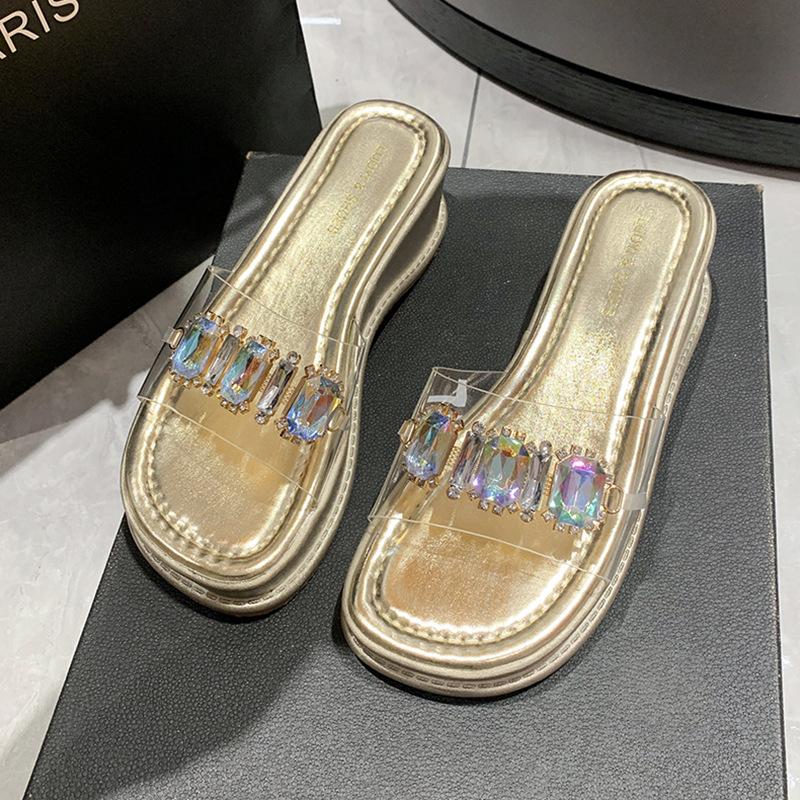 Muffin Thick-soled Wedge Slippers Female Summer Wear Internet Celebrity Fairy Wind Transparent Rhinestone Word with Sandals High Heel Sandals