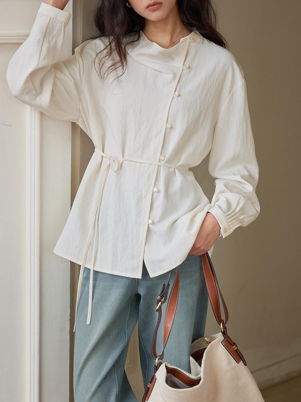 

Solighter Women s Autumn 2025 Retro Lyocell Waist-Cinching Long-Sleeve Swing Collar Shirt Large