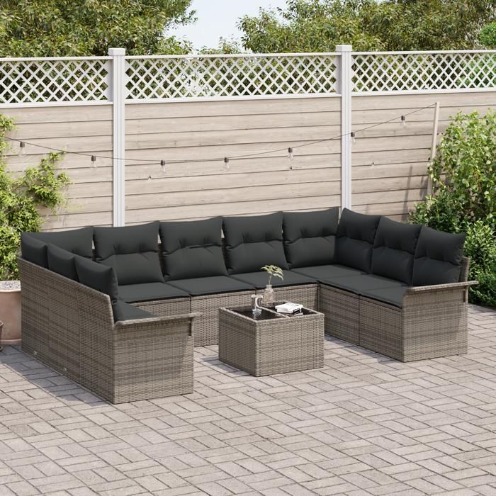 Ensemble de Canapé de Jardin 9 Pièces avec Coussins Noir Poly Rattan, Canapé de Jardin 2 Places avec Rangement et Coussins 3354198