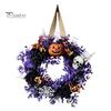 Halloween Window Decoration Wreaths for Front Door, Skull Pumpkin Wreath with Berries, Black Spooky Bat Cabin Party Props Roses, Purple Leaves Doors,