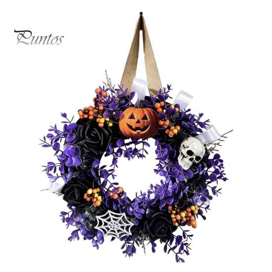Halloween Window Decoration Wreaths for Front Door, Skull Pumpkin Wreath with Berries, Black Spooky Bat Cabin Party Props Roses, Purple Leaves Doors,