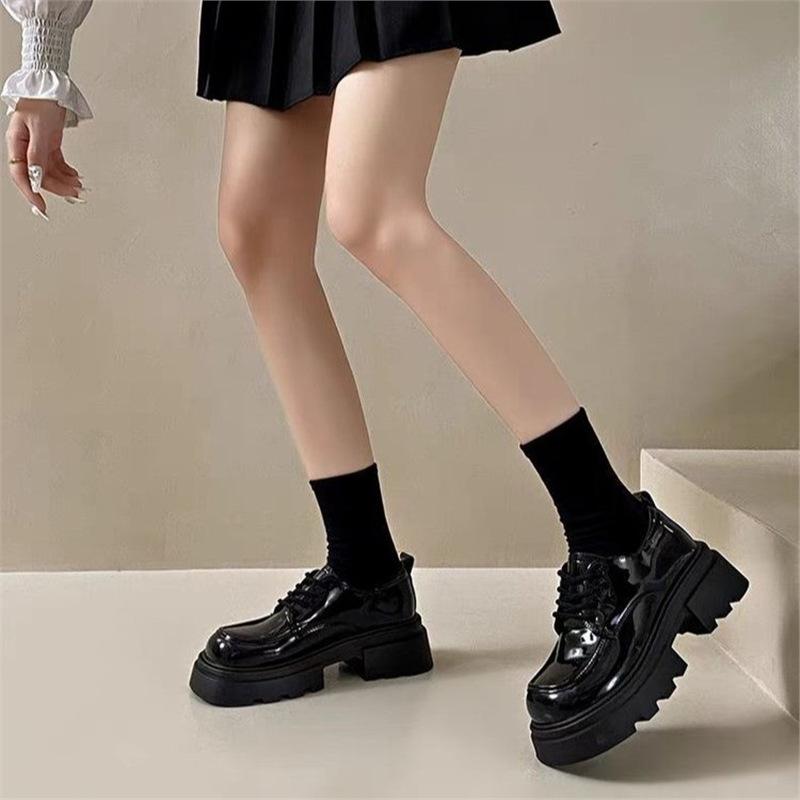 Small Leather Shoes Women's Spring and Autumn 2025 New Platform High-heeled British Style Single Shoes Black Lace-up Versatile JK Loafers