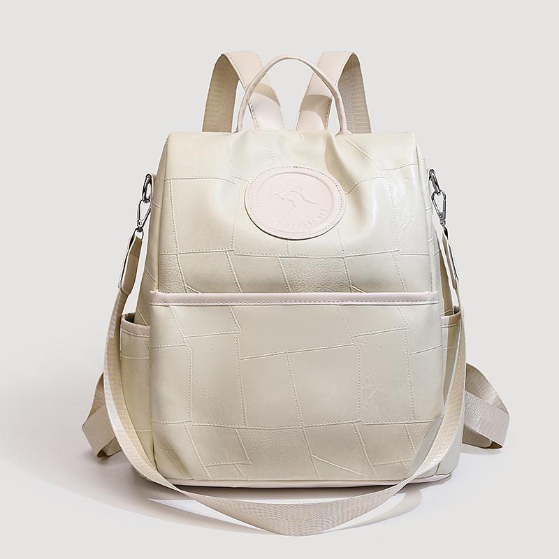 Soft Leather Women Backpack Geometric Pattern Patchwork Backpack Large Capacity Women's Travel Bag