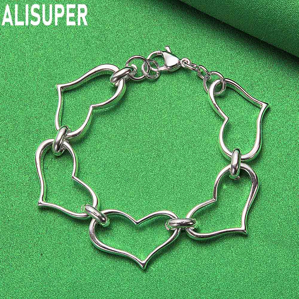 925 Sterling Silver Openwork Heart Side Chain Exquisite Bracelet Gift Jewelry