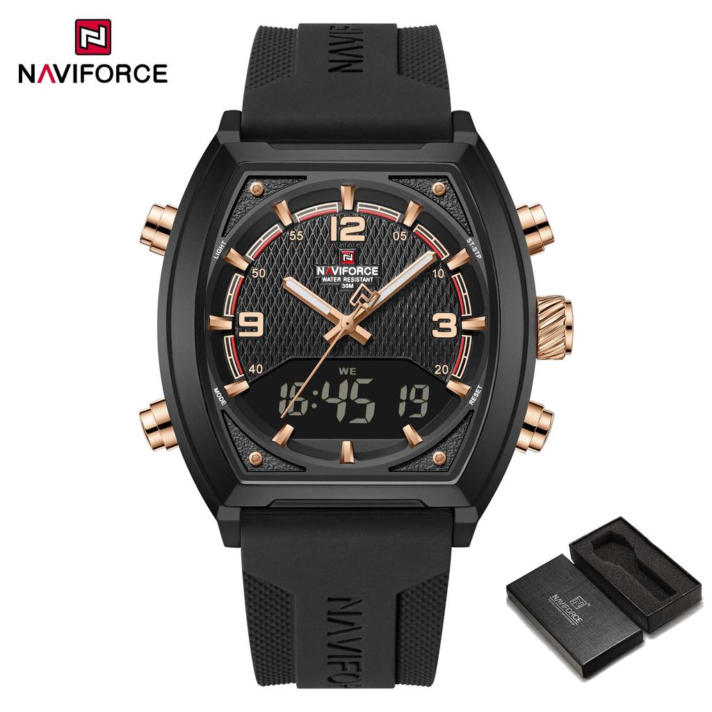 Naviforce Men's Quartz Digital Watch LCD Chronograph Date Luminous Hands 30m Waterproof Silica Strap Sports Outdoor Men's Wristwatch NF9242