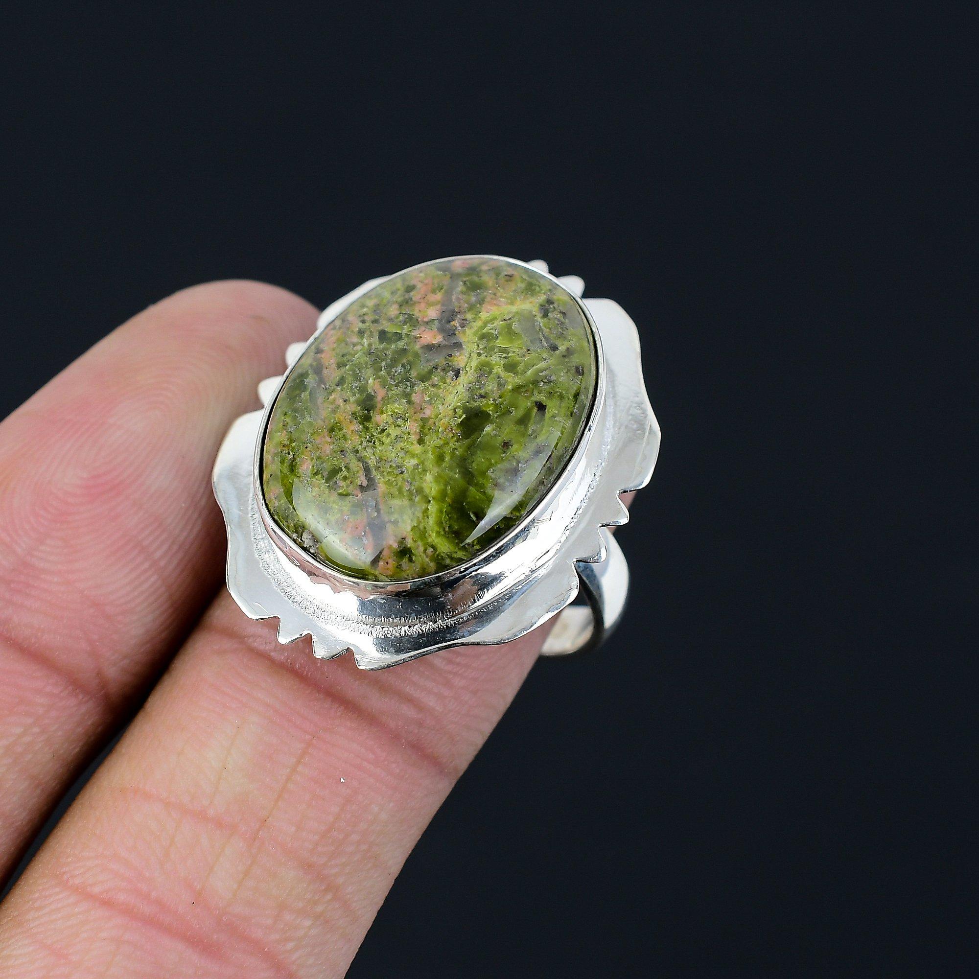 

Oval Natural Unakite Art Deco Solitaire Mother Ring Jewelry Size 8.5 925 Silver 8.5