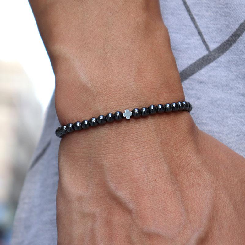 4mm Handmade Natural Stone Beads Bracelet Charm Hematite Cross Braclet For Men Wristband Cruz Jewelry Homme Bileklik