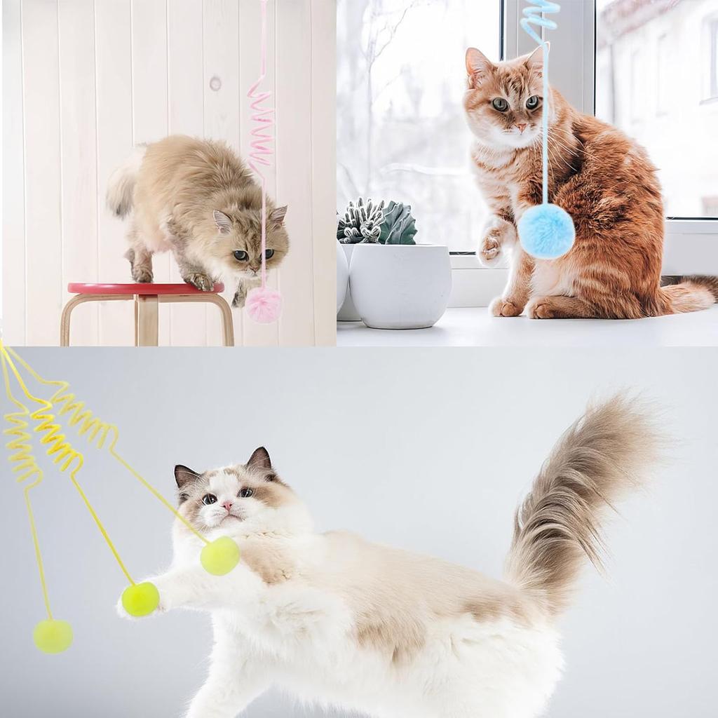 3 Pcs Hanging Fluffy Cat Ball Toys with Bell, Interactive Cat Teaser Retractable Toys Indoor Kitten Chasing and Playing