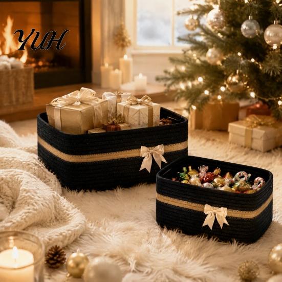 Portable Gift Baskets for Christmas Cotton Woven Storage Basket, Square Desktop Organizer, Soft Thread Bins Home Organization Space Saving Decorative