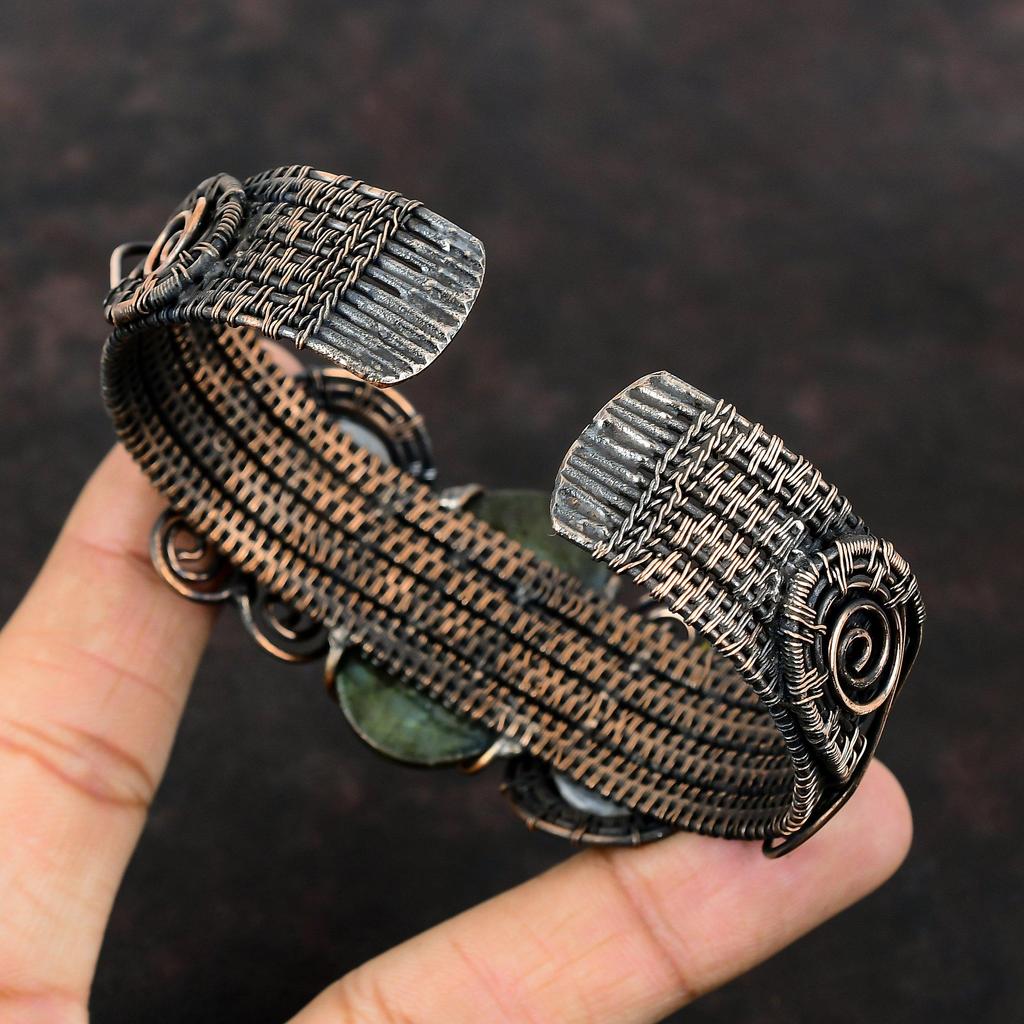 Labradorite Cuff Bracelet Copper Wire Wrapped Bangle Rainbow Moonstone Bangle Gemstone Adjustable Cuff Handmade Copper Jewelry Gift For Him