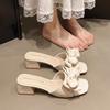 2025 summer new thick heel one-word bow sweet and gentle evening wind literary matching skirt high heel cool slippers women
