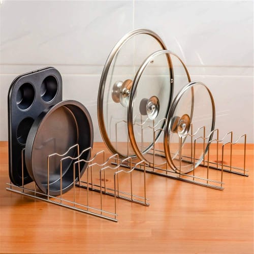 SANNO Dish Stand, Frying Pan Stand, Pot Lid Storage Rack, Dish Storage, Draining Rack, Stainless Steel, 3.5cm Gaps X 8, Set of 2