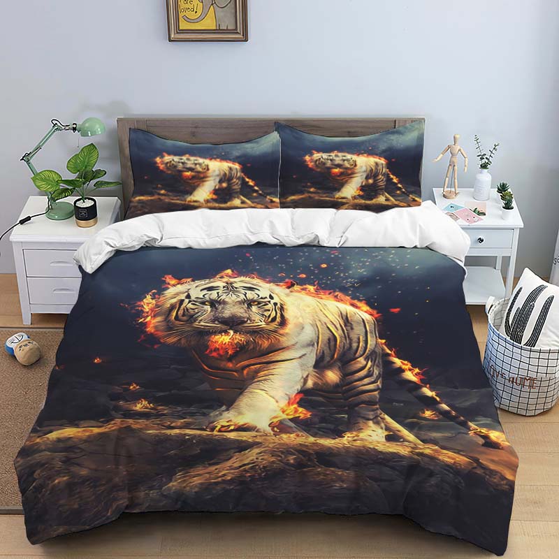 Blue Light Jungle White Tiger Animal Print Bedding Set (3-Piece) - Domineering White Tiger Pattern Duvet Cover and Pillowcase Se