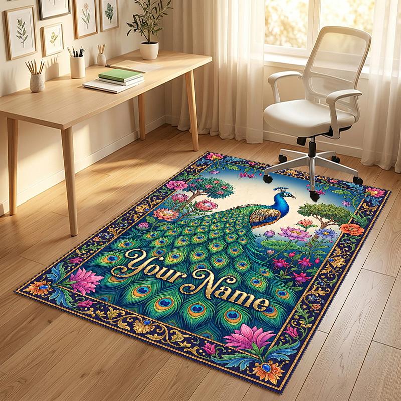 Peacock Floral Theme Soft Crystal Velvet Rug Custom Name & Text Print Non Slip Floor Rug for Bedroom Living Room