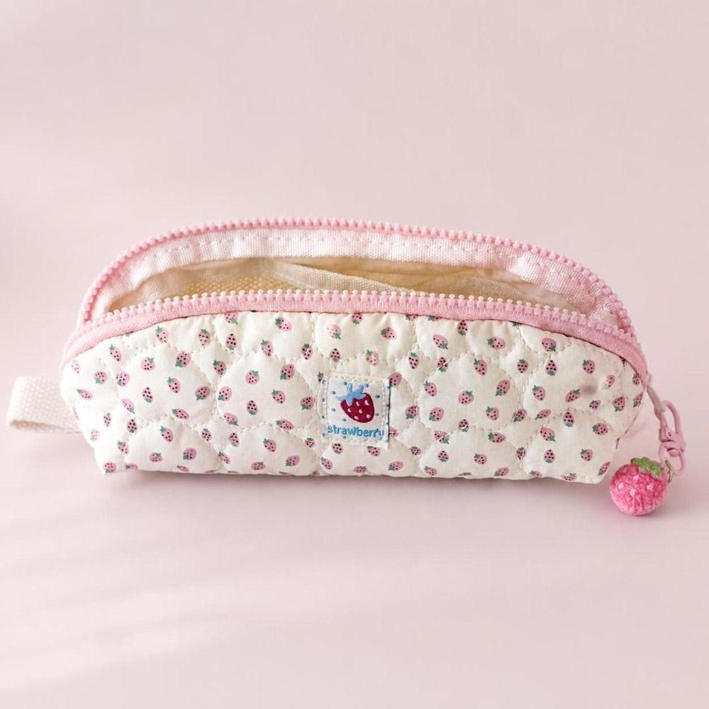 Pink Strawberry Print Stationery Bag with Strawberry Pendant Cosmetic Storage Bag Students Gift