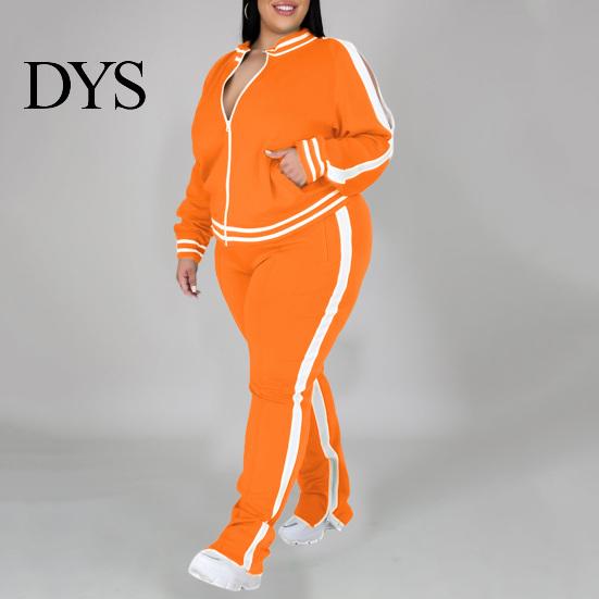 Dames Effen Kleur Casual Outfit 2 Delen/Set Joggingpak Grote Maten Ritssluiting Lange Mouwen Dagelijkse Kleding Tweekleurig Trainingspak met Broek