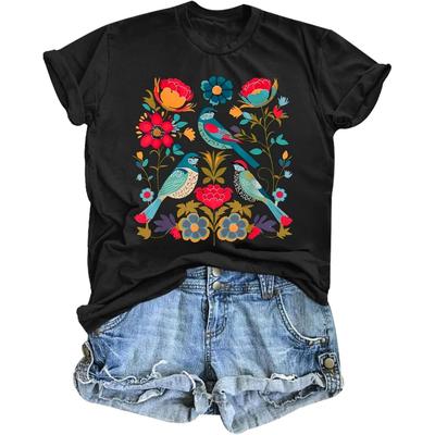 Vintage Flower Shirt for Women Boho Floral Wildflower Cute Graphic Tees Bird Cottagecore Print T Shirts Casual Tops