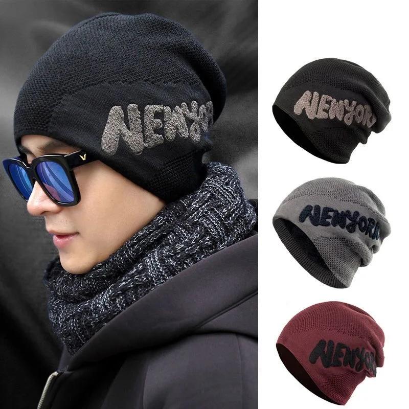Unisex Fashion NEW YORK Letter Beanie Hat  Men & Women Plush Fur Lined Thick Warm Ski Winter Hat