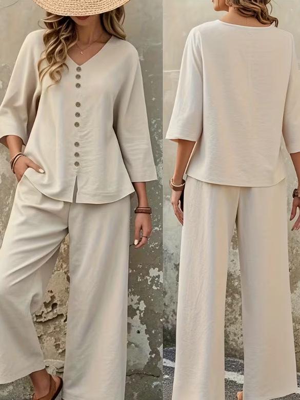2025 Elegant Solid Color Top and Pants Set with Button Details