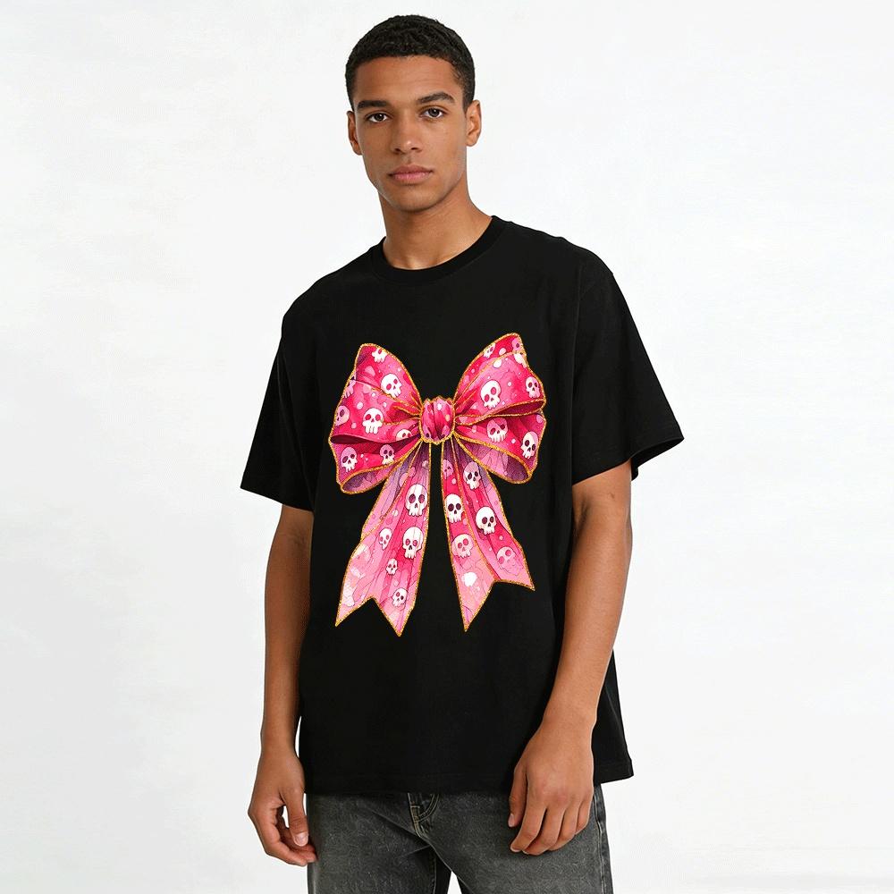 Pink Skull Bow Print Casual Top Gothic Y2K Style Tee Pure cotton T-shirt