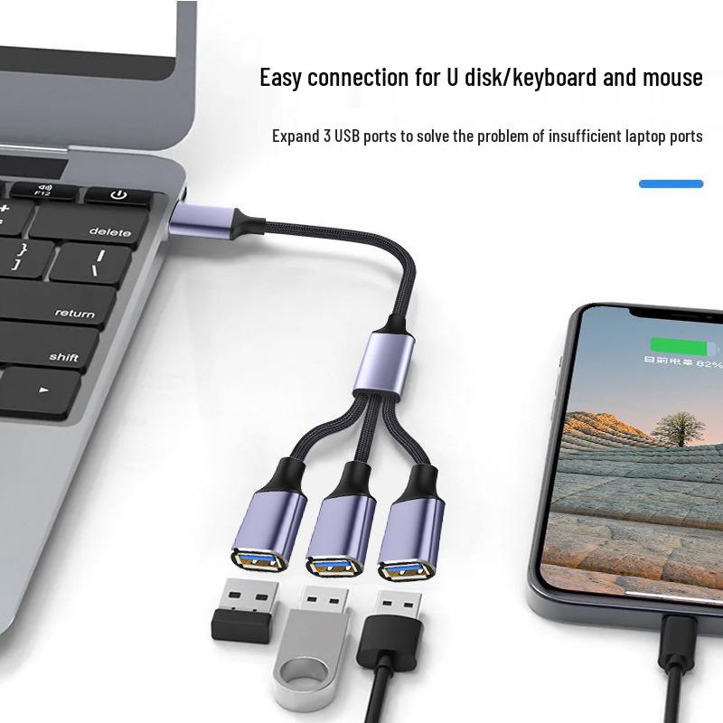 3-in-1 USB Extension Cable Splitter for Computer, Laptop & Phone Charging