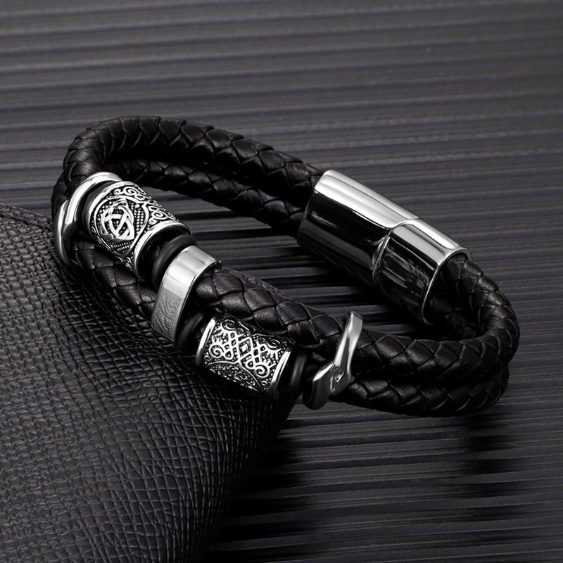 Viking compass Norse Runes Amulet Double-Layer Stainless Steel Men's Leather Bracelet Norse Mythology Jewelry