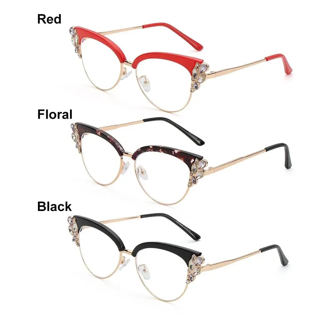 Fashion Style Luxury Design Diamond-studded Anti-blue Glasses Women's Vintage Style Cat Eye Eyeglasses Glasses Frame Trend Personality Flat Mirror